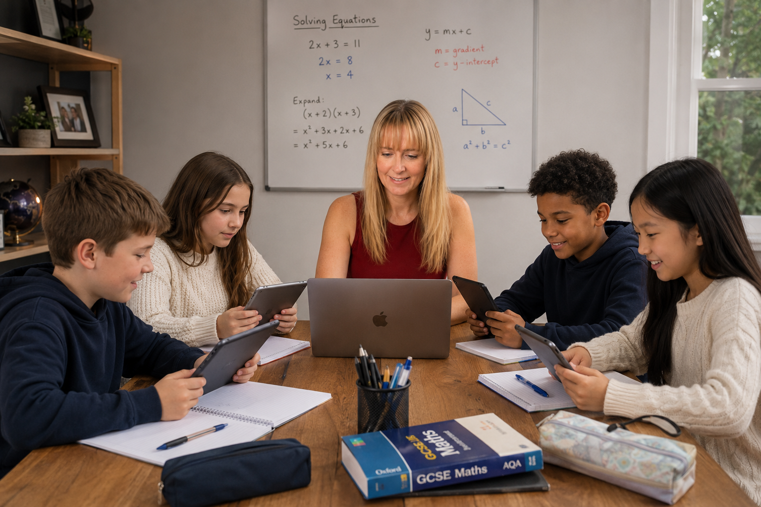 Danielle Cook tutoring a small group of students around a table with maths notes and devices