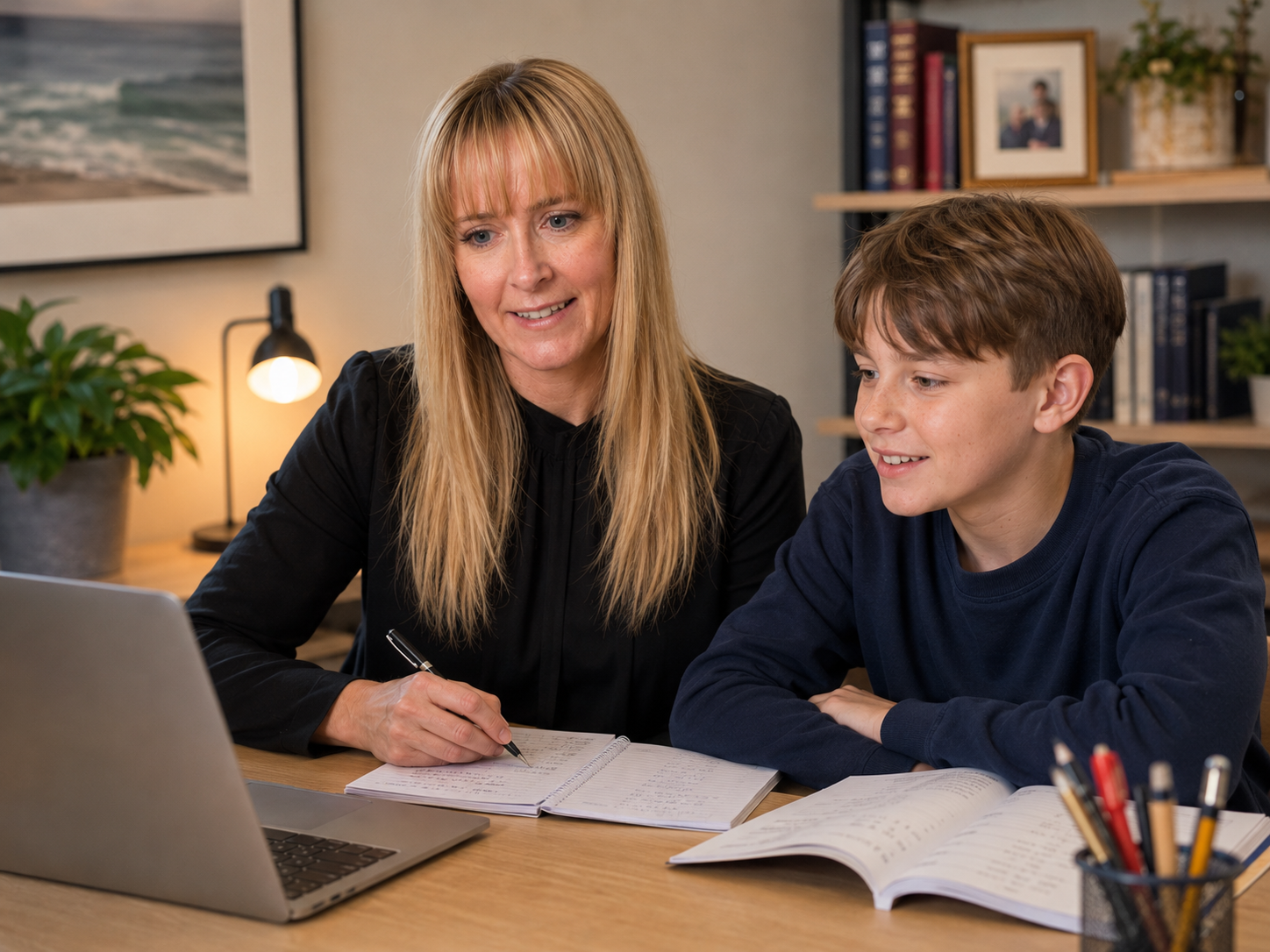 Danielle working face-to-face with a child at a bright wooden table